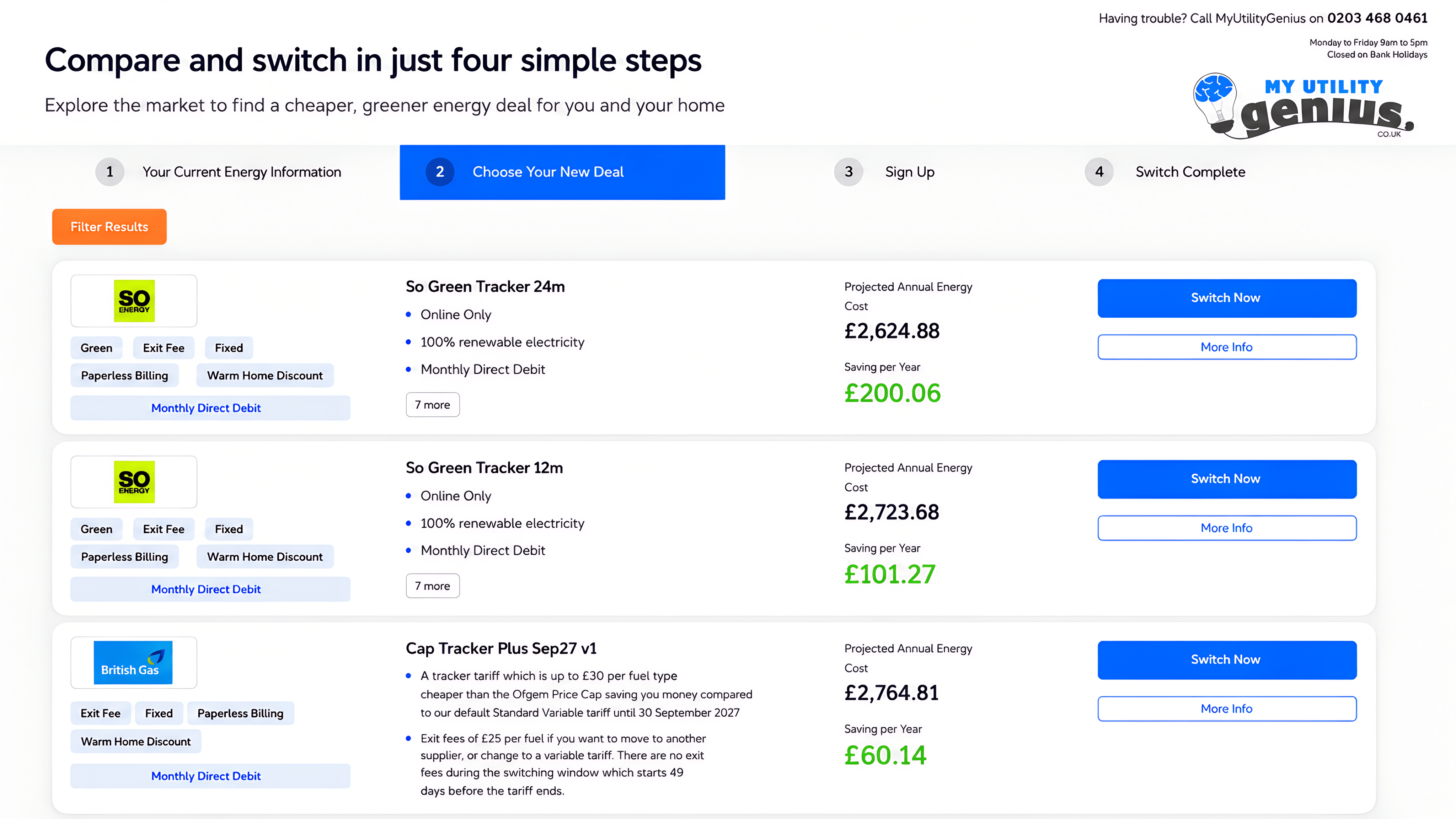 Online Platform — compare live tariff results and switch